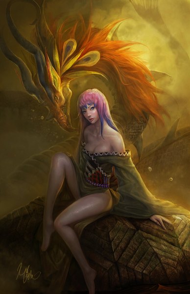 Anime picture 800x1236 with original michaelcty single long hair tall image looking at viewer fringe blue eyes light erotic sitting bare shoulders signed pink hair cleavage traditional clothes multicolored hair barefoot horn (horns) two-tone hair bare legs