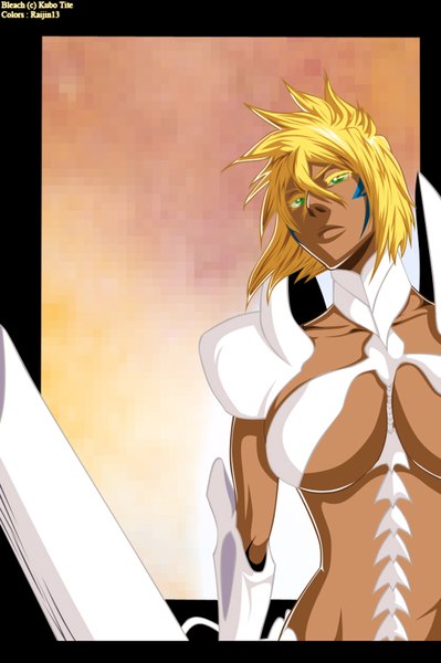 Anime picture 1024x1541 with bleach studio pierrot tia harribel raijin13 tall image short hair breasts light erotic blonde hair green eyes tattoo coloring espada girl weapon sword