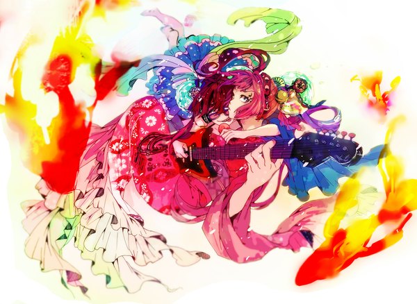 Anime picture 1200x876 with original carry105 long hair fringe multiple girls looking away red hair traditional clothes japanese clothes barefoot from above wide sleeves playing instrument colorful girl hair ornament 2 girls animal glasses kimono