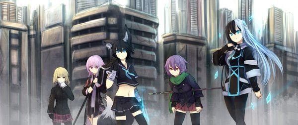 Anime picture 2400x1012 with original norah bright nanako (shirogane usagi) herpestiz kadokura toda (sigama) veil (a box) ganesagi long hair highres short hair blue eyes black hair blonde hair red eyes wide image multiple girls animal ears pink hair purple hair girl