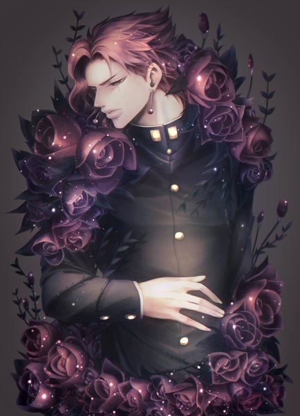 Anime picture 2300x3180 with jojo no kimyou na bouken kakyoin noriaki alo (m-o-k-e-k-e) single tall image highres short hair simple background upper body red hair profile lips black eyes turning head black background scar boy uniform flower (flowers) school uniform