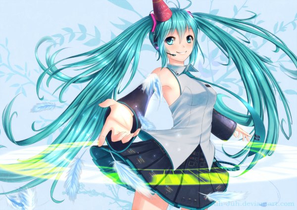 Anime picture 1320x933 with vocaloid hatsune miku juh-juh single long hair blush smile twintails pleated skirt aqua eyes aqua hair girl skirt necktie headphones feather (feathers) microphone
