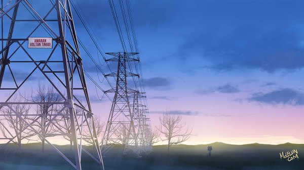 Anime picture 1280x720 with original mclelun wide image signed sky cloud (clouds) evening sunset horizon no people landscape plant (plants) tree (trees) power lines