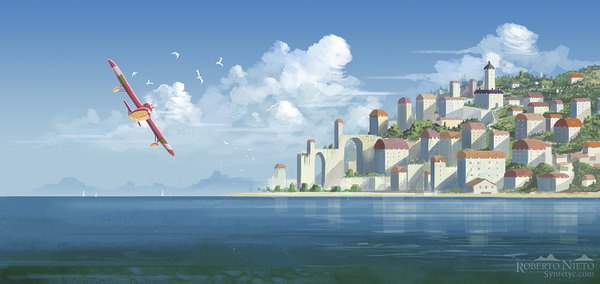 Anime picture 1500x711 with porco rosso studio ghibli syntetyc wide image signed sky cloud (clouds) city horizon no people scenic animal sea bird (birds) building (buildings) aircraft airplane