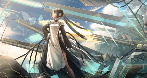 Anime picture 2327x1235 with original kikivi single highres short hair blue eyes black hair wide image looking away girl dress wire (wires)