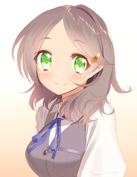 Anime picture 1281x1650 with kantai collection kuroshio destroyer blew andwhite single tall image looking at viewer blush short hair simple background smile green eyes grey hair gradient background portrait girl hair ornament hairclip