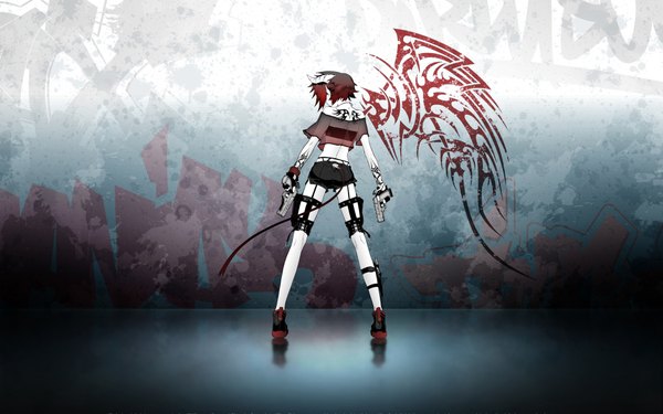 Anime picture 1920x1200 with single highres short hair wide image standing ass red hair tail horn (horns) from behind tattoo back graffiti girl weapon shoes shorts gun pistol