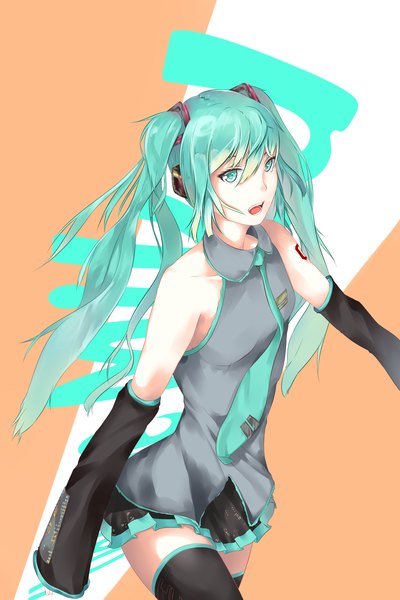 Anime picture 2000x3000 with vocaloid hatsune miku bbayu single long hair tall image looking at viewer highres open mouth twintails green eyes green hair tattoo girl thighhighs skirt black thighhighs detached sleeves