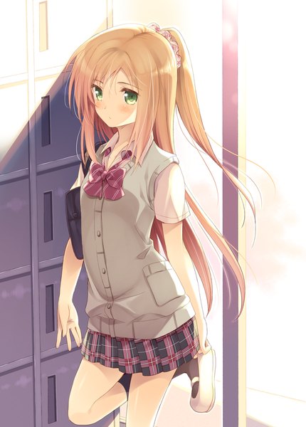 Anime picture 860x1200 with original komi zumiko single long hair tall image blush blonde hair green eyes girl skirt uniform school uniform socks black socks vest