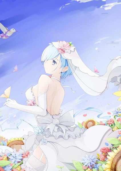 Anime picture 1000x1414 with re:zero kara hajimeru isekai seikatsu white fox rem (re:zero) hd-hlh-3h single tall image fringe short hair breasts blue eyes light erotic large breasts bare shoulders blue hair looking away sky bent knee (knees) ass looking back hair flower