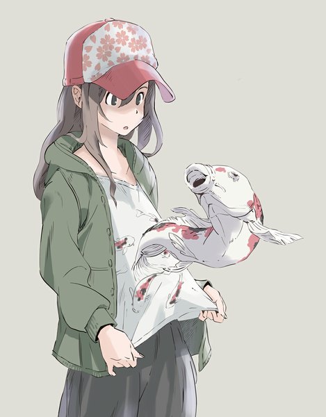 Anime picture 900x1151 with original popman3580 single long hair tall image open mouth simple background brown hair standing black eyes open clothes open jacket floral print animal print fish print girl jacket headdress hood t-shirt