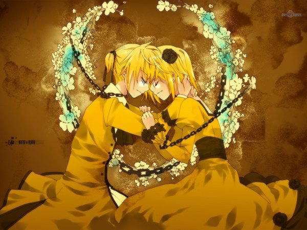 Anime picture 1280x960 with vocaloid kagamine rin kagamine len hasaki (pixiv) short hair blue eyes blonde hair twintails eyes closed profile hair flower hug kneeling girl dress boy hair ornament flower (flowers) ribbon (ribbons) chain