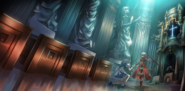 Anime picture 1200x591 with touhou remilia scarlet izayoi sakuya madcocoon fringe short hair wide image standing silver hair kneeling glowing glowing eye (eyes) bat wings vampire girl dress bow hat wings shoes