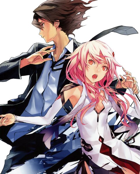 Anime picture 3270x4070 with guilty crown production i.g yuzuriha inori ouma shu redjuice long hair tall image highres short hair open mouth simple background brown hair white background pink hair absurdres girl dress boy detached sleeves shirt