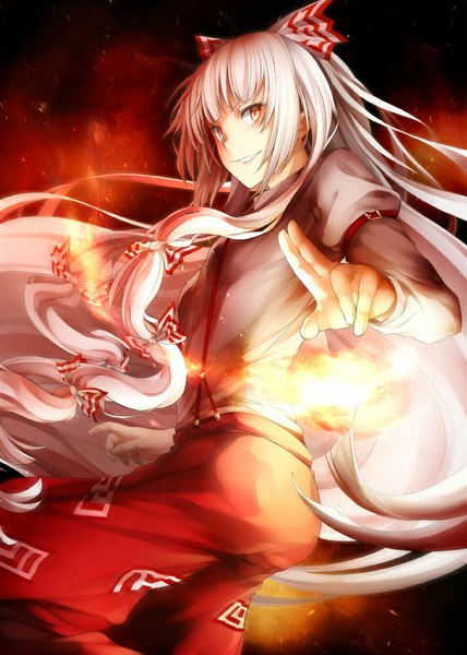 Anime picture 713x1000 with touhou fujiwara no mokou ninamo single long hair tall image smile red eyes white hair looking back magic girl bow hair bow fire