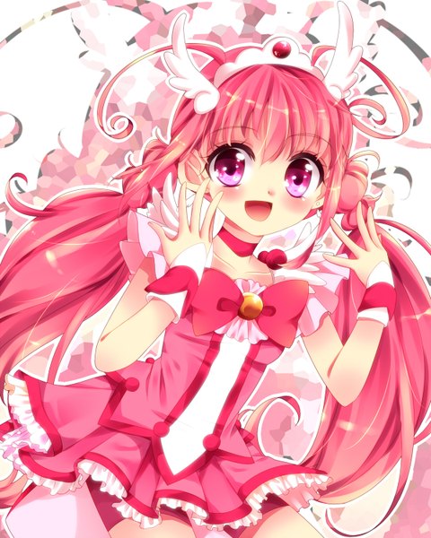 Anime picture 1200x1500 with precure smile precure! toei animation hoshizora miyuki cure happy uzuki aki single long hair tall image looking at viewer blush open mouth twintails red hair pink eyes girl dress frills bowtie tiara