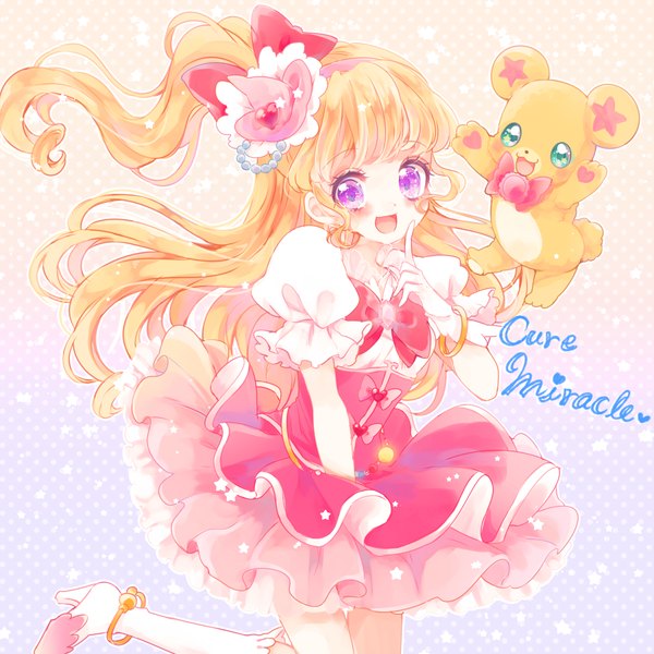 Anime picture 1500x1500 with precure mahou girls precure! mahoutsukai precure! toei animation asahina mirai cure miracle mofurun (mahou girls precure!) uzuki aki single long hair looking at viewer blush open mouth blonde hair purple eyes payot bent knee (knees) blunt bangs puffy sleeves character names