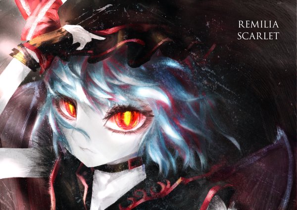 Anime picture 4960x3507 with touhou remilia scarlet zhaoli jin highres short hair red eyes blue hair absurdres portrait close-up pale skin girl gloves wings headdress collar