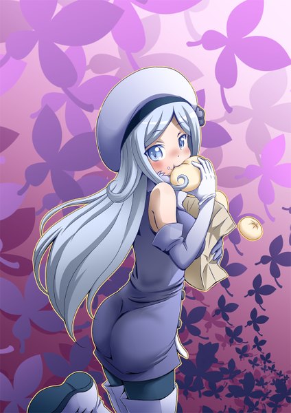 Anime picture 965x1364 with mobile suit gundam gundam build fighters sunrise (studio) aila jyrkiainen mana12 single long hair tall image looking at viewer blush blue eyes silver hair ass eating girl gloves food headdress clothes nikuman