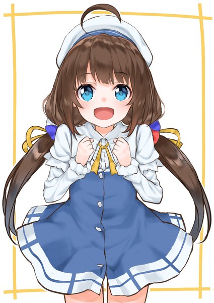 Anime picture 836x1180 with ryuuou no oshigoto! hinatsuru ai hashiko no woto single long hair tall image looking at viewer fringe open mouth blue eyes brown hair white background twintails ahoge :d low twintails happy girl beret