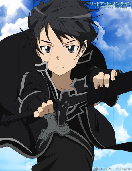 Anime picture 2550x3300 with sword art online a-1 pictures kirigaya kazuto taichi (pixiv) single tall image fringe highres short hair black hair sky cloud (clouds) black eyes boy weapon sword fingerless gloves