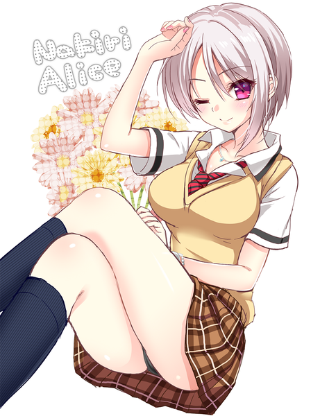 Anime picture 952x1239 with shokugeki no soma j.c. staff nakiri alice ikura nagisa single tall image looking at viewer blush fringe short hair breasts light erotic simple background smile large breasts white background silver hair one eye closed pink eyes wink