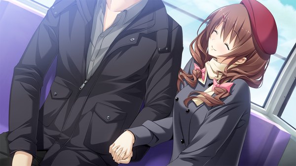 Anime picture 1280x720 with hotch kiss giga mikage shizuku mikoto akemi long hair smile brown hair wide image game cg eyes closed couple holding hands girl bow hair bow jacket beret