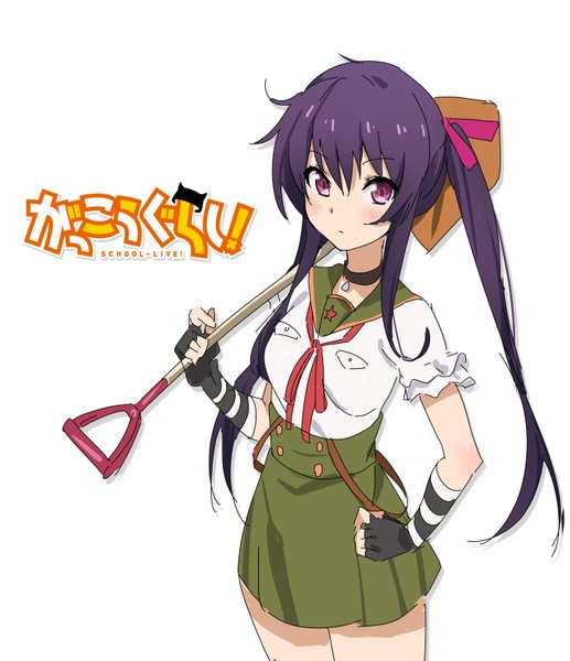 Anime picture 2703x3131 with gakkou gurashi! ebisuzawa kurumi domo1220 single long hair tall image blush fringe highres simple background white background twintails purple eyes purple hair from above copyright name hand on hip girl skirt gloves