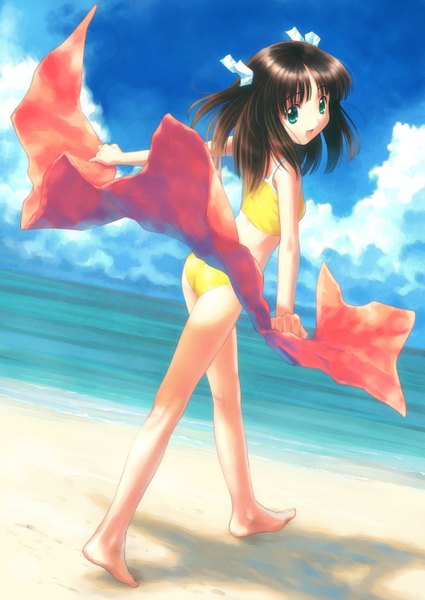 Anime picture 2028x2866 with goto p tall image highres short hair open mouth blue eyes brown hair sky cloud (clouds) shadow loli beach girl underwear panties swimsuit sea towel
