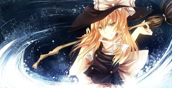 Anime picture 1500x770 with touhou kirisame marisa motoko (fe25) long hair blonde hair smile wide image yellow eyes braid (braids) witch girl bow witch hat broom