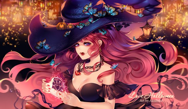 Anime picture 800x464 with original akubaka single long hair looking at viewer fringe light erotic wide image signed pink hair cleavage upper body nail polish pink eyes fingernails wind mole lipstick magic halloween
