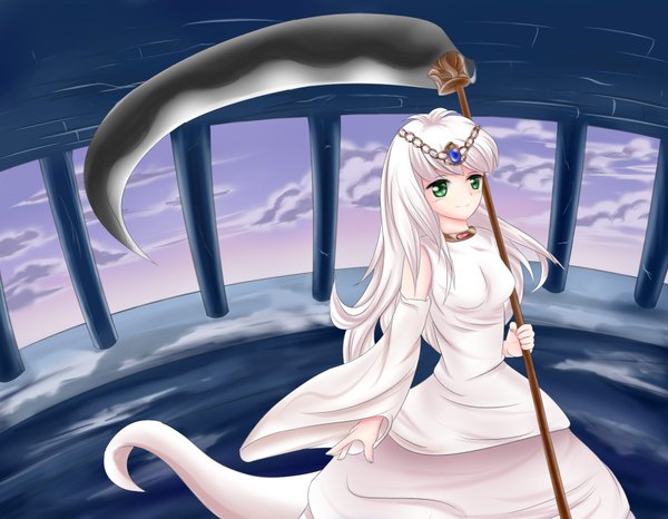 Anime picture 1800x1400 with dark souls (series) dark souls from software priscilla the crossbreed single long hair highres green eyes cloud (clouds) white hair girl dress hair ornament weapon jewelry scythe