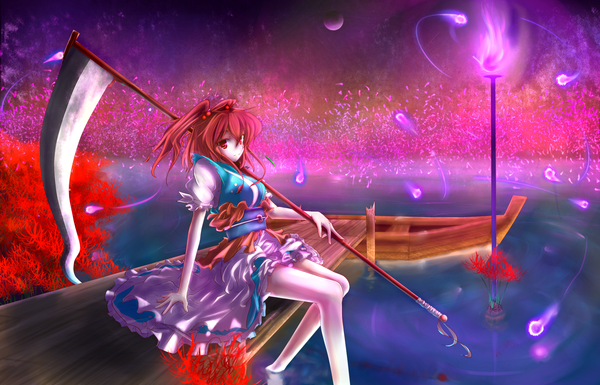 Anime picture 2800x1800 with touhou onozuka komachi mugen soukyuu (artist) single highres red eyes sitting twintails red hair short twintails girl dress water belt scythe watercraft higanbana boat soul