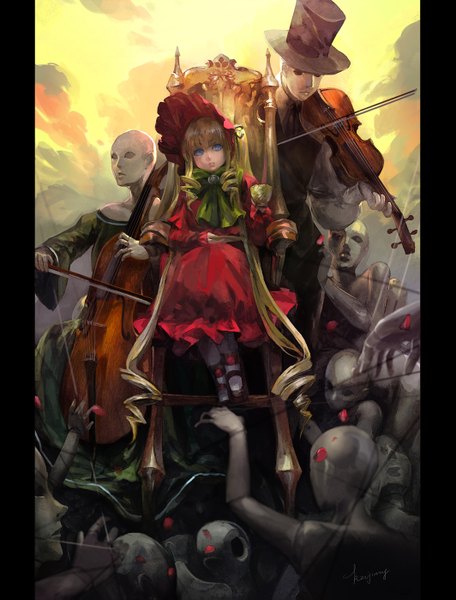 Anime picture 1063x1399 with rozen maiden shinku kzcjimmy single long hair tall image blue eyes blonde hair signed sky cloud (clouds) goth-loli pillarboxed girl petals doll (dolls) top hat violin dummy