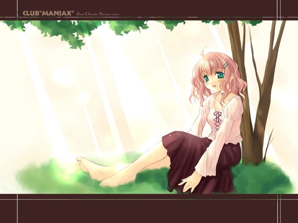 Anime picture 1600x1200 with club maniax naruse chisato short hair brown hair sitting green eyes barefoot shadow soft beauty plant (plants) tree (trees)