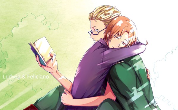 Anime picture 1573x973 with axis powers hetalia studio deen germany (hetalia) north italy (hetalia) zxs1103 short hair blue eyes blonde hair red eyes brown hair wide image profile sunlight inscription couple hug shounen ai reading boy glasses