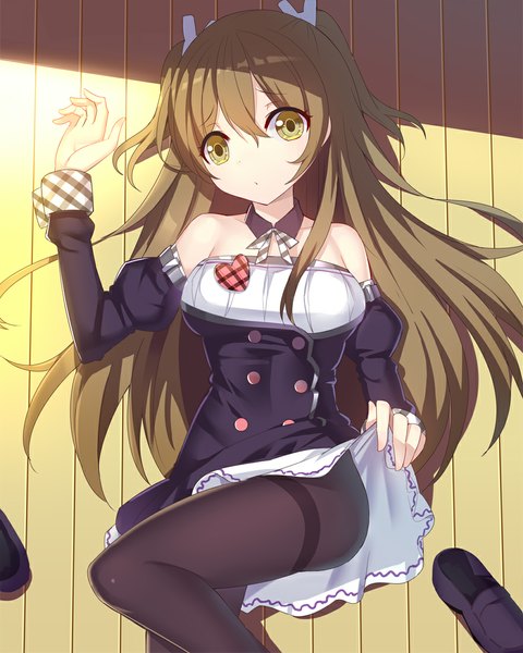 Anime picture 880x1100 with original ririko (zhuoyandesailaer) single long hair tall image fringe breasts light erotic brown hair twintails bare shoulders yellow eyes bent knee (knees) lying from above sunlight no shoes short twintails girl detached sleeves