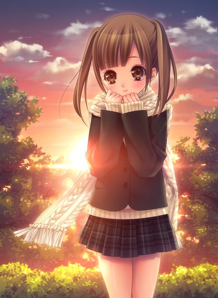 Anime picture 1417x1930 with original momoi komomo single tall image blush brown hair brown eyes sky loli evening sunset girl skirt miniskirt jacket scarf