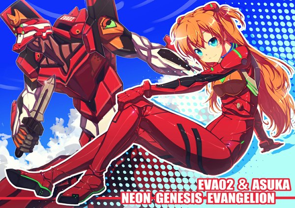 Anime picture 1157x818 with neon genesis evangelion rebuild of evangelion evangelion: 2.0 you can (not) advance gainax soryu asuka langley eva 02 is ii long hair blue eyes smile full body light smile orange hair copyright name girl weapon knife pilot suit robot mecha