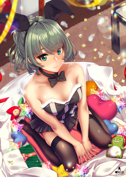 Anime picture 1300x1813 with idolmaster idolmaster cinderella girls takagaki kaede pina korata infinote single tall image looking at viewer short hair blue eyes light erotic sitting green eyes animal ears cleavage full body indoors green hair from above mole