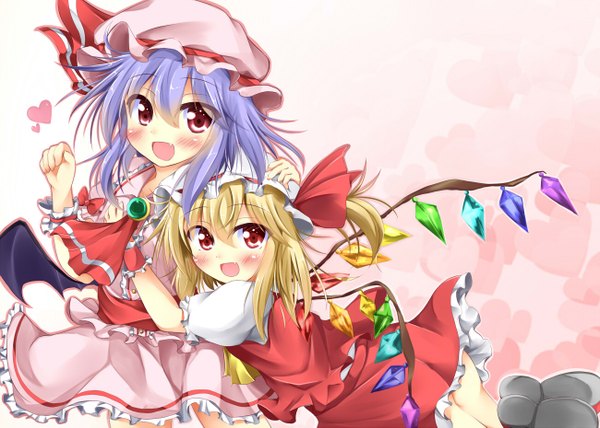 Anime picture 1300x929 with touhou flandre scarlet remilia scarlet kuzumomo blush short hair open mouth blonde hair red eyes multiple girls blue hair girl dress skirt 2 girls wings skirt set crystal