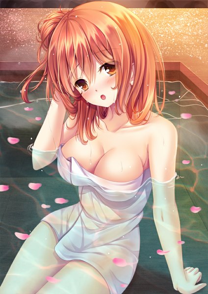 Anime picture 707x1000 with yahari ore no seishun love comedy wa machigatteiru. brains base (studio) yuigahama yui toshi (1-147) single tall image blush short hair breasts open mouth light erotic large breasts bare shoulders cleavage orange hair arm support wet orange eyes partially submerged arm behind head