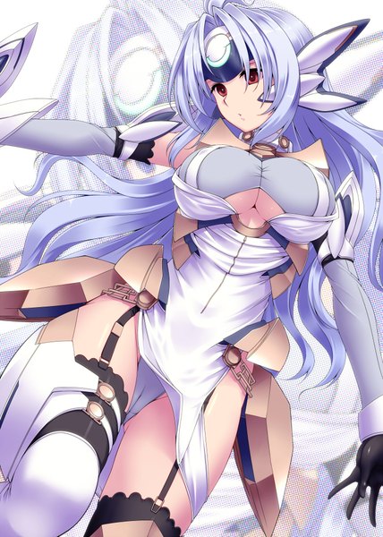 Anime picture 1428x2000 with xenosaga monolith software kos-mos tro single long hair tall image breasts light erotic red eyes large breasts silver hair pantyshot girl thighhighs dress gloves elbow gloves