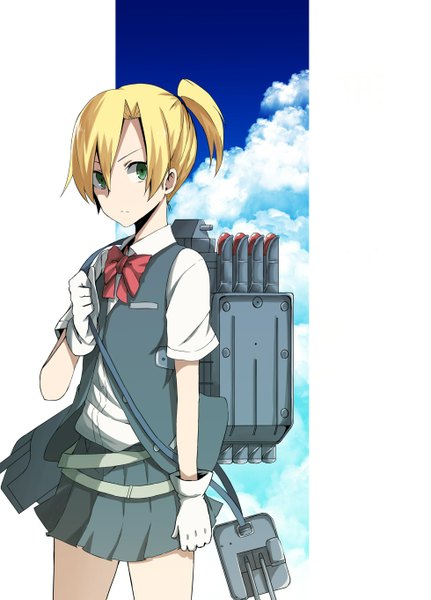 Anime picture 979x1362 with kantai collection maikaze destroyer tsukamoto minori single tall image short hair blonde hair simple background white background green eyes looking away sky cloud (clouds) ponytail pleated skirt girl skirt gloves white gloves vest