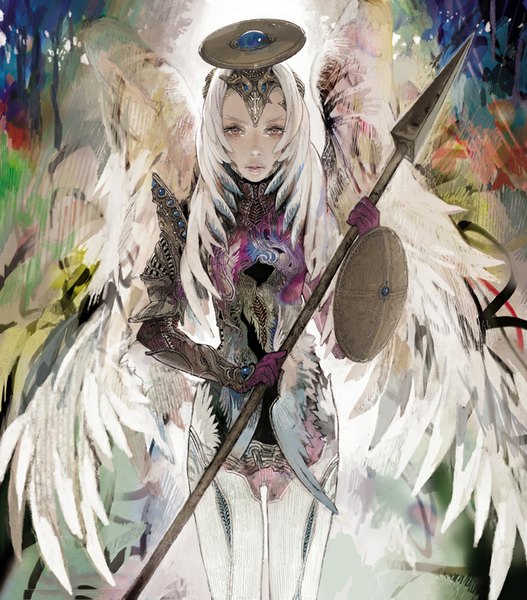 Anime picture 888x1012 with matayoshi single long hair tall image looking at viewer breasts holding white hair lips realistic white wings angel girl weapon wings headdress armor spear shield