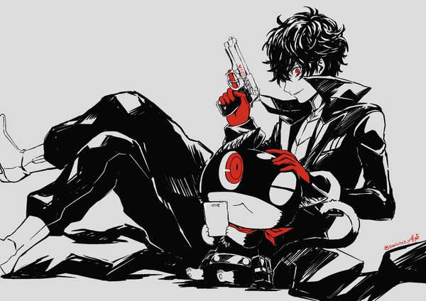 Anime picture 1500x1062 with persona 5 persona amamiya ren morgana (persona 5) kawasemi sumika single short hair simple background smile red eyes signed profile grey background twitter username crossed legs polychromatic high contrast boy gloves weapon