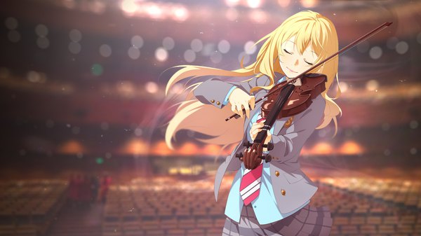 Anime picture 1920x1080 with shigatsu wa kimi no uso a-1 pictures miyazono kaori ello-chan single long hair highres blonde hair smile wide image holding indoors eyes closed light smile blurry floating hair plaid skirt playing instrument girl skirt