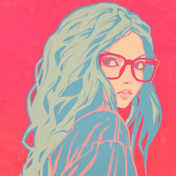 Anime picture 900x900 with original ilya kuvshinov single long hair fringe simple background looking away looking back lips wavy hair pink background girl glasses