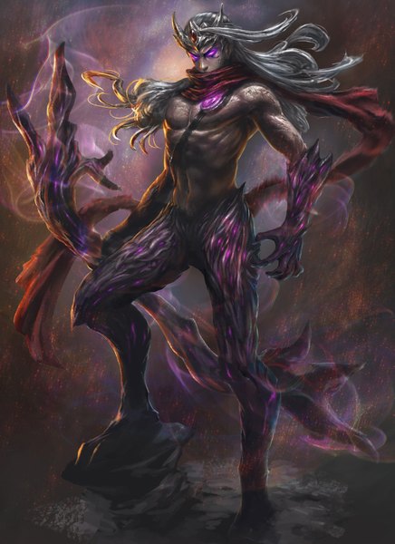 Anime picture 1163x1599 with league of legends varus (league of legends) long hair tall image looking at viewer standing purple eyes bare shoulders wind grey hair glowing glowing eye (eyes) shirtless boy navel weapon scarf bow (weapon)