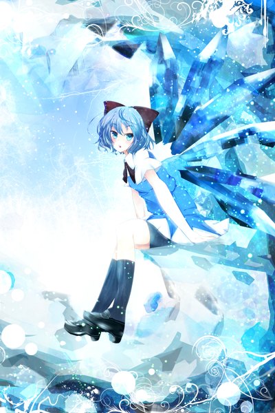 Anime picture 1200x1801 with touhou cirno benio (dontsugel) single tall image short hair blue eyes blue hair girl bow hair bow wings crystal ice